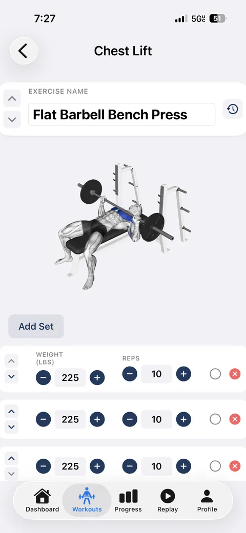 Chest lift screen logging three sets of flat barbell bench press at 225 pounds for 10 reps.