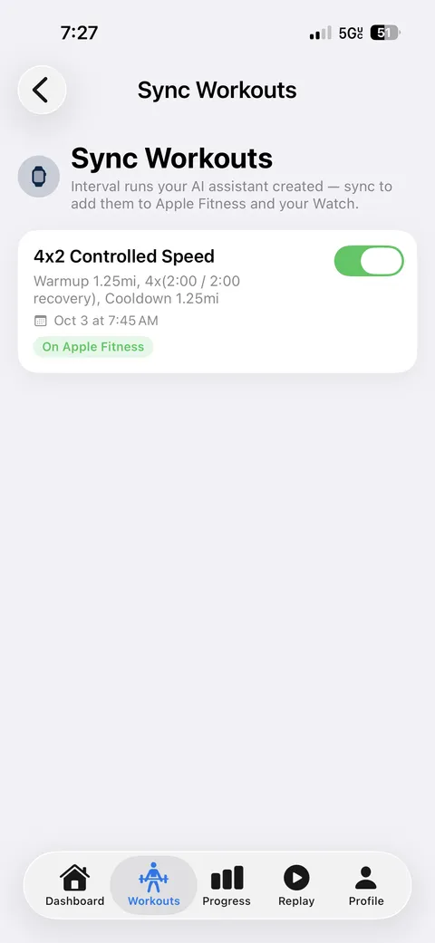 Sync Workouts screen showing a 4x2 Controlled Speed interval run marked On Apple Fitness.