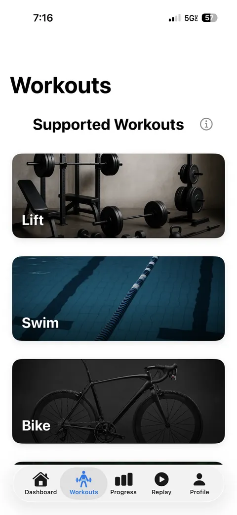 The Workouts tab listing Lift, Swim and Bike workout cards.